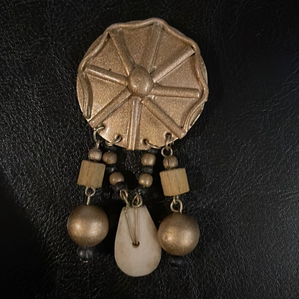 Vintage Bronze Beads & wood Brooche